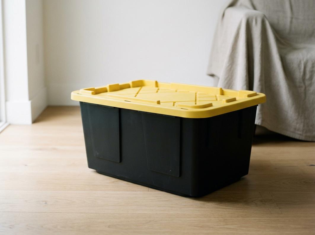 A black Greenmade storage tote with a yellow lid on a wooden floor